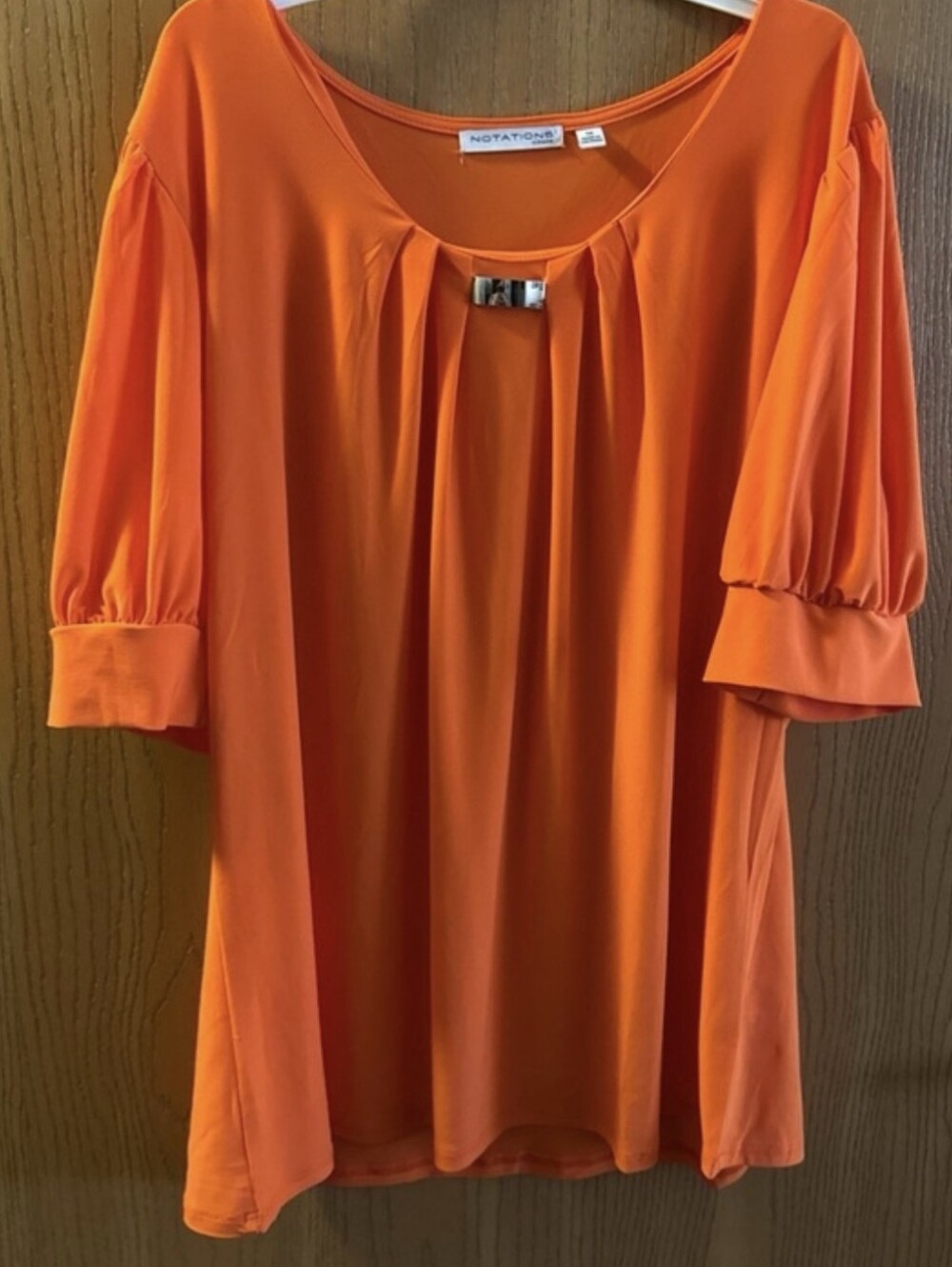 Notations Women's Orange Pleated Neck Blouse